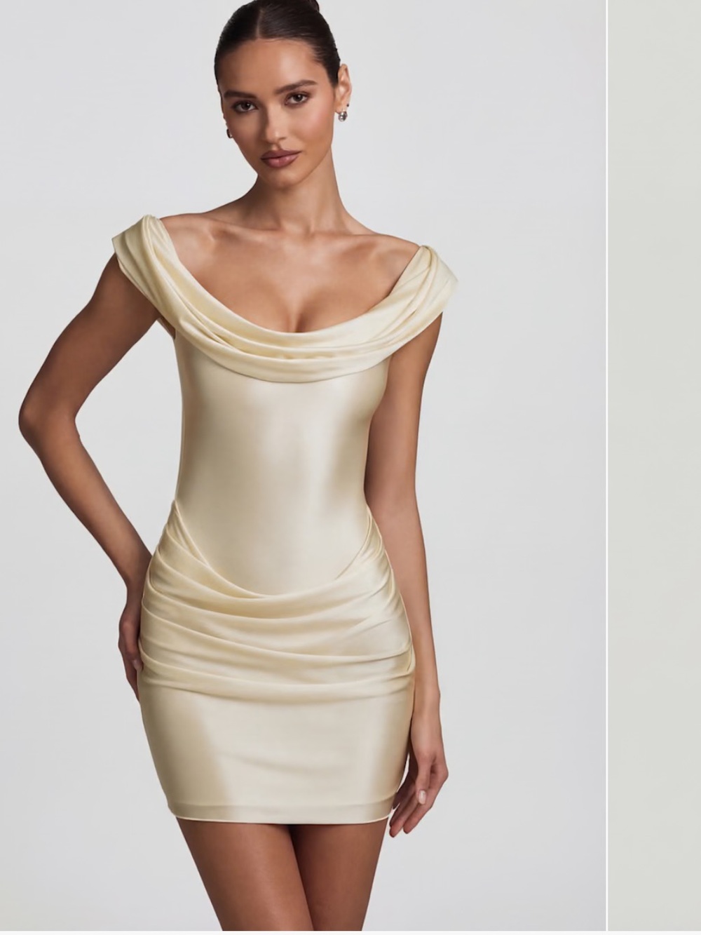 Oh Polly Satin Draped Off-Shoulder Mini Dress in Ivory